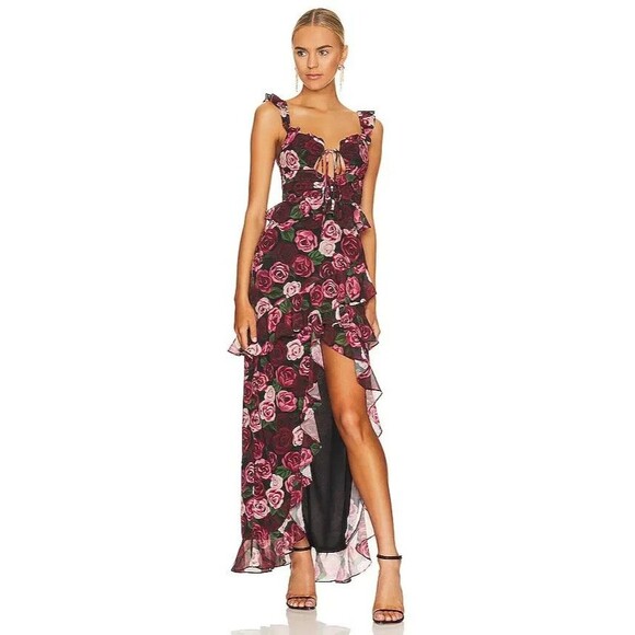 Majorelle Dresses & Skirts - MAJORELLE Black Floral Red Rose Dress Ruffles Romantic Hi Low Flowy Gown Small